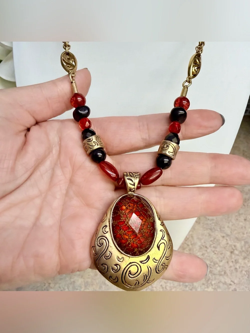 CHICO’S Vintage Designer Statement Necklace Brass Pendant Red Black Glass Beads